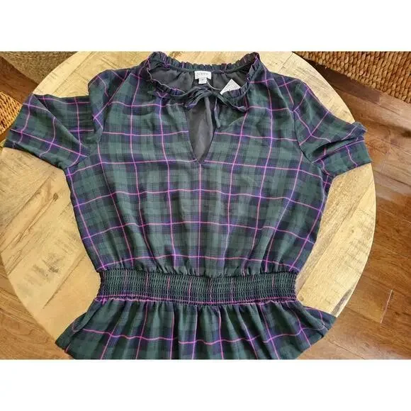 J. Crew Tartan Plaid Dress Ruffle Tie Collar Puff Sleeve Academia Preppy M NWT - Picture 9 of 14